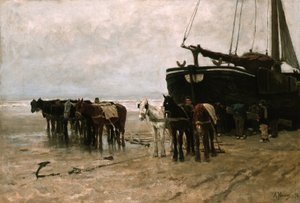 Holenderski: Bomschuit z końmi holowniczymi na plaży Scheveningen Łódź rybacka z końmi holowniczymi na plaży Scheveningen autorstwa Anton Mauve
