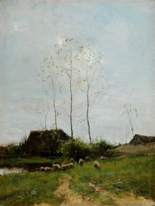 Pejzaż z pasterzem i owcami (olej na płótnie)