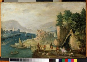 ""Wioska w pobliżu gór"" (Miasto w górach) Krajobraz Flandrii. Obraz Antoniego (Anton) Mirou (1586-około 1661) XVII-wieczne Muzeum Sztuk Pięknych Mikalojus Konstantinas Ciurlionis, Kowno, Litwa