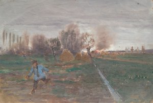 Krajobraz z płonącym domostwem