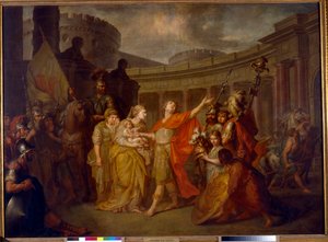 Pożegnania Hektora i Andromachy: wyjazd do wojny trojańskiej Hektor, opuszcza żonę i syna Astianaksa (Pożegnanie Hektora z Andromachą) - Olej na płótnie Antona Pawłowicza Łosenko (1737-1773)