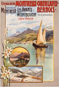 Plakat reklamujący podróże koleją Montreux-Oberland-Bernois, ok. 1930 r. 1910 (kolor lito)