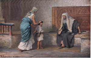 Hannah przyprowadza Samuela do Eliego z Hulberts Story of the Bible wydanej przez The John Winston Company, 1932
