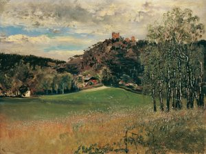 Meiereiwiese w Vorderbrühl z ruinami Mödling autorstwa Anton Romako