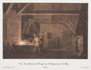 Wnętrze kuźni w pobliżu Huy, Belgia, rytowane przez Jean-Baptiste Jobarda (1792-1861) (litografia zabarwiona) autorstwa Anton de after Howen