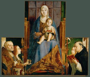 Święta Maria z Dzieciątkiem ze świętymi Mikołajem z Bari, Anastazją, Urszulą, Dominikiem i Heleną autorstwa Antonello da Messina