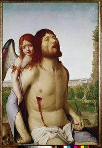 Martwy Chrystus wspierany przez anioła. (olej na desce autorstwa Antonello da Messina