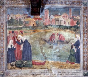 Życie św. Franceski Romany: Człowiek zostaje wskrzeszony przez świętego po utonięciu w Tybrze (Fresco autorstwa Antoniazzo Romano