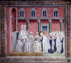 Życie św. Franceski Romany: Święci i oblaci ofiarowują się zakonowi benedyktynów i osiedlają się w kościele Santa Maria nova w Rzymie (Fresco