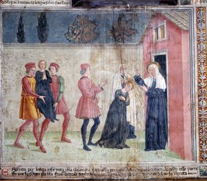 Życie św. Franceski Romany: Święty spotyka sparaliżowaną kobietę o imieniu Jacobella i obiecuje ją uzdrowić (Fresco autorstwa Antoniazzo Romano