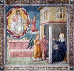 Życie św. Franceski Romany : Syn świętego, zabity przez dżumę dymieniczą ukazuje się jej z aniołem (Fresco autorstwa Antoniazzo Romano