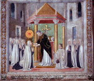 Życie św. Franceski Romany :Kiedy święta przyjmowała Komunię, nad nią pojawiła się świecąca kula (Fresco