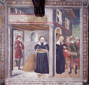 Życie św. Franceski Romany : podczas poważnego głodu w 1402 Francesca oddaje całe swoje ziarno biednym (Fresco autorstwa Antoniazzo Romano