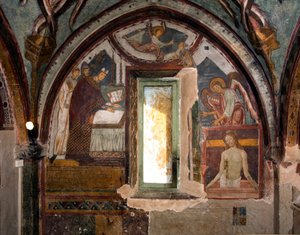 Po lewej stronie papież Grzegorz IX, ówczesny wigilia miasta Ostia, konsekruje kaplicę (XII w.) po prawej Pieta, fresk wykonany później przez Antonio Aquili dit Antoniazzo Romano (czynny ok. 1461-1508) XV-wieczna Kaplica św. St. Gregoire, Monaste autorstwa Antoniazzo Romano