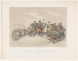 Maskarada w Utrechcie z 1851 r.: Życie dworskie w 1296 r. Życie dworskie czasów hrabiego. 1296 (tytuł na obiekcie) Historia narodowa. od najdawniejszych czasów do końca XVII wieku, w ośmiu scenach, przedstawionych w kostiumie przez H.H. Dtudente autorstwa Antonie Johannes Groeneveldt