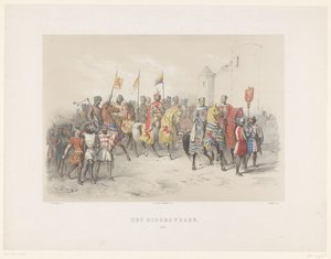 Maskarada w Utrechcie z 1851 r.: Rycerstwo, 1217 Rycerstwo, 1217 (tytuł na obiekcie) Historia narodowa. od najdawniejszych czasów do końca XVII wieku, w ośmiu scenach, przedstawionych w kostiumie przez H.H. Studenci Utrechtsche Hoo autorstwa Antonie Johannes Groeneveldt