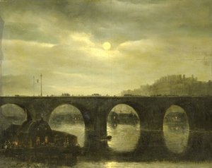 Jeden z mostów nad Sekwaną, Paryż, w świetle księżyca