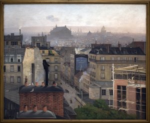 Paryż widziany z Montmartre. Na ścianie jednego z budynków reklama „Małej Gazety”. Obraz Antonina Chitussiego (Chittussi) (1847-1891), olej na płótnie autorstwa Antonin Chittussi