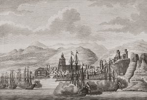 Flota holenderska u wybrzeży Malagi, Hiszpania 1784 salutując. (wydrukować) autorstwa Antonio (after) Suntach
