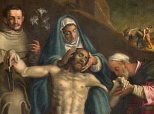 Transept Północny, Ołtarz Złożenie Chrystusa, Złożenie Chrystusa wsparte przez Dziewicę i Świętych Rajmunda i Antoniego Padewskiego, Antonio Campi 1566, Ołtarz szczegółowy