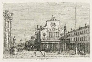 Widoki: Trzy kolumny i posąg na wybrzeżu Morza, 1735-1746. autorstwa Giovanni Antonio Canal