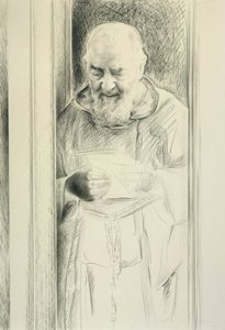 Czytanie Ojca Pio, 1988-89 (węgiel na papierze)