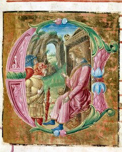 Heroda I Wielkiego (73-4 pne) zlecającego masakrę niewinnej Lettrine iluminowanej przez Antonio Cicognari. Szczegół antyfonarz. 1483. Cremone, chorał 4, capitolo del duomo