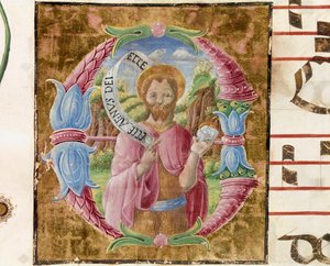 Św. Jan Chrzciciel Lettryna iluminowana przez Antonio Cicognari. Szczegół antyfonarz. 1483. Cremone, chór 4, kapituła katedralna autorstwa Antonio Cicognara