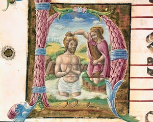 Chrzest Chrystusa Lettryny iluminowany przez Antonio Cicognari. Szczegół antyfonarz. 1483. Cremone, chór 4, kapituła katedralna