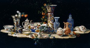 Blat z porcelanowymi wazonami, ok. 1797, mozaika z kamienia półszlachetnego na marmurze, wykonana w warsztatach Wielkiego Księcia we Florencji według wzoru Antonio Cioci (działającego w II poł. XVIII w.), Włochy, kultura włoska
