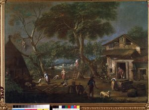 ""Krajobraz Włoch"" (Włoski krajobraz) Dom wiejski na włoskiej wsi. Obraz Antonio Dizianiego (1737-1797) Muzeum Sztuk Pięknych Mikalojus Konstantinas Ciurlionis, Kowno, Litwa