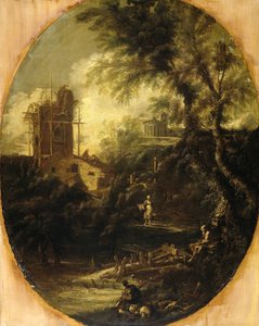 Krajobraz z pustelnikiem, pielgrzymem i wieśniaczką autorstwa Antonio Francesco Peruzzini (attributed to)