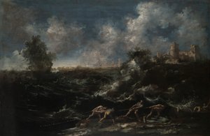 Pejzaż morski z rybakiem wyciągającym sieci autorstwa Antonio Francesco Peruzzini