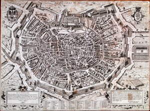 Plan Mediolanu zredagowany przez Antonio Lafreri (Lafrery lub Lanfrerius) (1512-1577) w 1573 roku. Jest to najstarsza mapa w mieście. Mediolan, Muzeum Mediolanu - Mapa Mediolanu. Najstarsza mapa miasta z 1573 roku, zredagowana przez Antonio Lafreri. Włochy