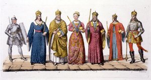 Liderzy i królowie Węgier, z „Le Costume Ancien et Moderne” Julesa Ferrario, wydana ok. 1820-30 (kolor lito) autorstwa Antonio Lanzani