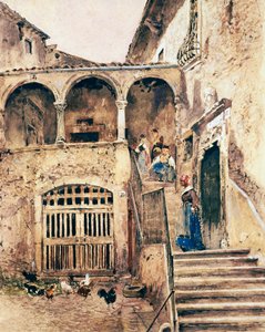 Wewnętrzny dziedziniec kamienicy, autorstwa Antonio Manciniego (1852-1930) autorstwa Antonio Mancini