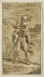 Eneasz niosący Anchises, jego ojciec, ze spalenia Troi autorstwa Antonio Maria I Zanetti