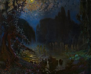 Kąpiel nimf - Munoz Degrain, Antonio (1840-1924) - ok. 1930 r. 1915 - Olej na płótnie - 76,5x93,5 - Museo Carmen Thyssen, Malaga