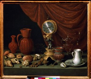 "Martwa natura z zegarem" Wahadło, dzbanek, muszle, orzechy, kryształowe szkło. Obraz Antonio de Pereda y Salgado (1611-1678) 1652 Muzeum Puszkina, Moskwa