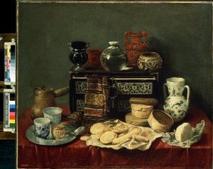 „Martwa natura z hebanową skrzynią” (Martwa natura z hebanową skrzynią) Sery, naczynia, dzbanek, serwetka, słoiki, młynek do kawy i łyżka do miodu. Obraz Antonio de Pereda y Salgado (1611-1678) 1652 Wymiary 80x94 cm Saint Petersbou Hermitage Museum autorstwa Antonio Pereda y Salgado
