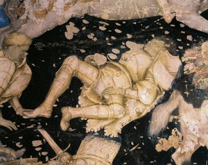 Temat rycerski, fragment z Turnieju-Bitwa pod Louvezerp, autorstwa Antonio Pisanello (1395-1455), fresk. Pałac Książęcy w Mantui. autorstwa Antonio Pisanello