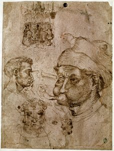 Cztery głowy mężczyzn, z których dwie mają trzy twarze. Ołtarz. Koń. Rysunki z warsztatu Antonio di Puccio Pisano dit Pisanello (1395-1455). Brązowy atrament, długopis (rysunek), krew. Wymiary: 27,1x20,5cm. Luwr, Gabinet Medali. autorstwa Antonio Pisanello