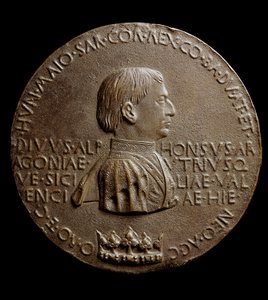 Medal Alfonsa V Aragońskiego (Alfonsa Wielkiego lub Wielkiego). Po włosku Alfons Wspaniały lub Alfons V z Aragonii autorstwa Antonio Pisanello