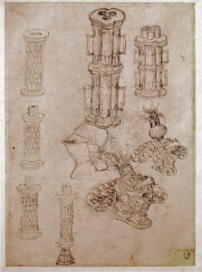 Rozebrano trzy hełmy zwieńczone herbami i dwie sztuki broni. Rysunek autorstwa Antonio di Puccio Pisano dit Pisanello (1395-1455) Brązowy tusz, czarny kamień, pióro. Wymiary: 28,7x20,6cm. Luwr, firma rysunkowa autorstwa Antonio Pisanello