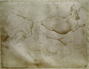 Dwie krowy i jałowiec. Rysunek autorstwa Antonio di Puccio Pisano dit Pisanello (1395-1455). Zwój, metalowa końcówka. Wysokość: 17,6 cm. Luwr, Gabinet medali autorstwa Antonio Pisanello