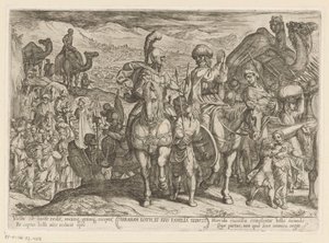 Abraham zabiera Lota i jego rodzinę do swojej ziemi Abraham Loth, et familia reducit (tytuł na obiekcie) Sceny batalistyczne ze Starego Testamentu (tytuł serii) autorstwa Antonio Tempesta