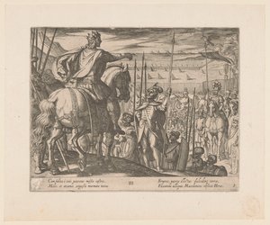 Aleksander Wielki instruuje żołnierzy macedońskich Czyny Aleksandra Wielkiego (tytuł serii) Alexandri magni praecipvae res gestae (tytuł serii) autorstwa Antonio Tempesta