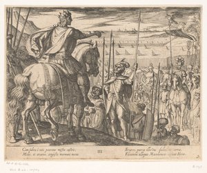 Aleksander Wielki instruuje żołnierzy macedońskich Czyny Aleksandra Wielkiego (tytuł serii) Alexandri magni praecipvae res gestae (tytuł serii) autorstwa Antonio Tempesta