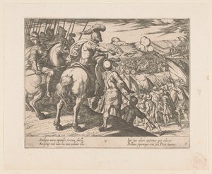 Aleksander Wielki prowadzi walkę Czyny Aleksandra Wielkiego (tytuł serii) Alexandri magni praecipvae res gestae (tytuł serii) autorstwa Antonio Tempesta