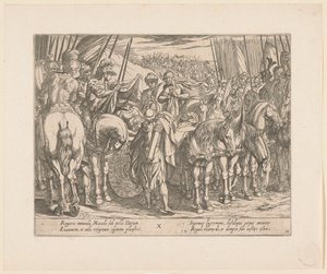 Aleksander Wielki odnajduje ciało Dariusza Czyny Aleksandra Wielkiego (tytuł serii) Alexandri magni praecipvae res gestae (tytuł serii) autorstwa Antonio Tempesta